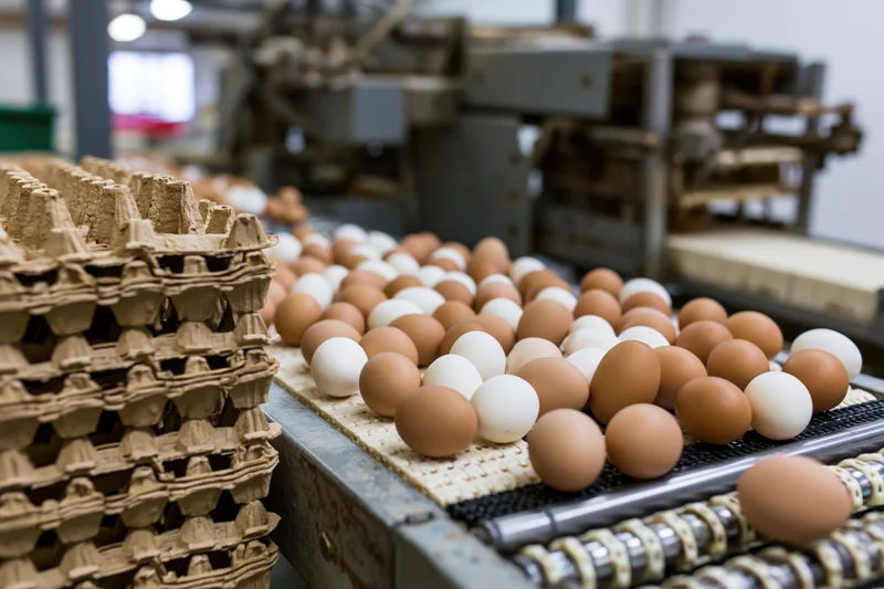 Brown and white chicken eggs moving along a conveyor belt in an industrial egg processing facility