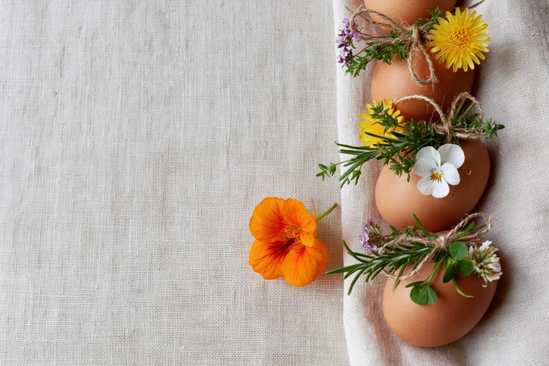 Brown eggs decorated with wildflowers and herbs arranged on a linen cloth