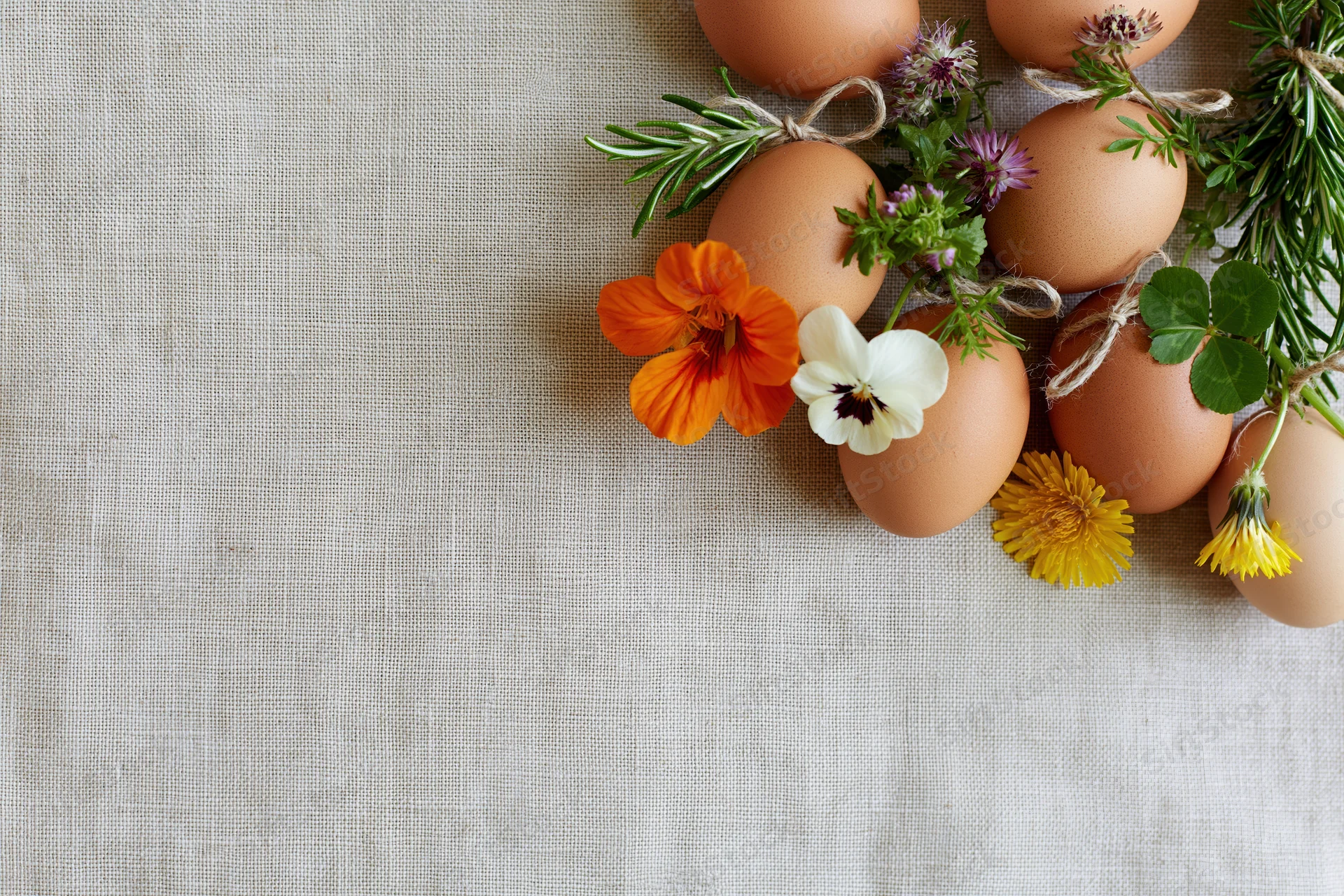Brown chicken eggs decorated with wildflowers and herbs arranged on a linen fabric surface