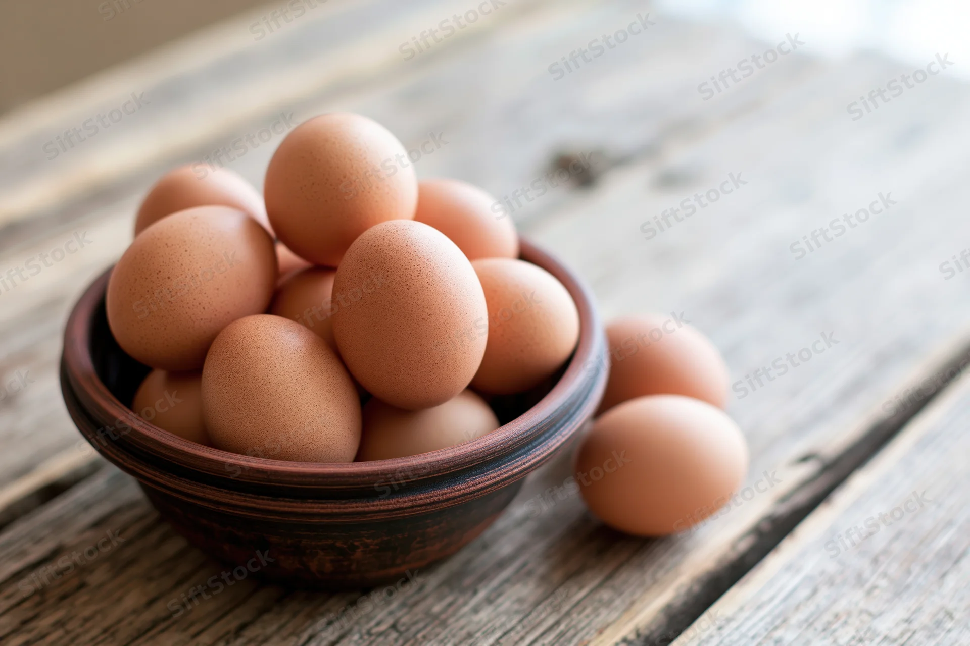 Brown chicken eggs piled in a rustic dark clay bowl on a wooden table with two eggs beside it