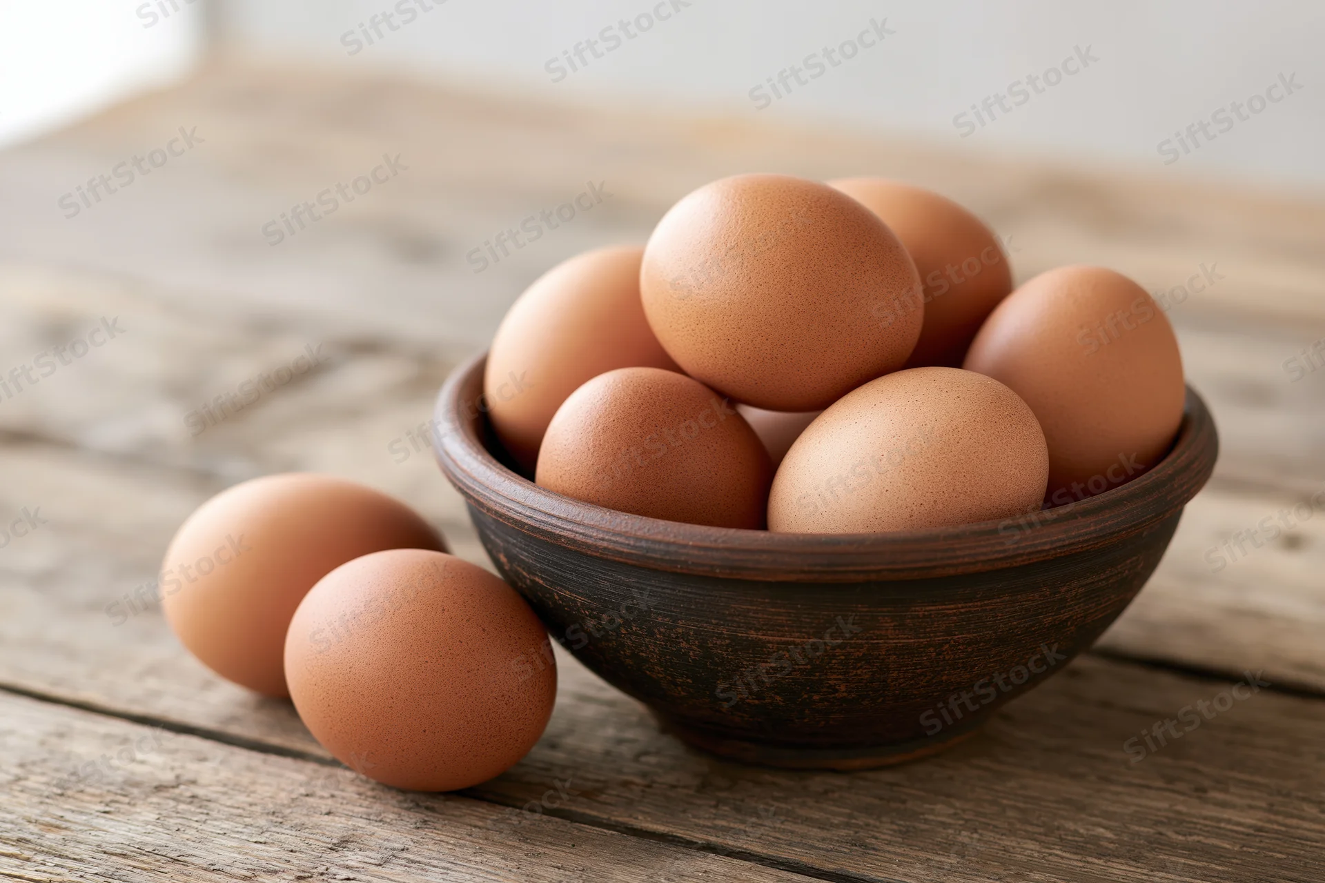 Brown chicken eggs piled in a rustic dark clay bowl on a wooden table with two eggs beside it