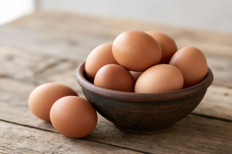 Brown chicken eggs piled in a rustic dark clay bowl on a wooden table with two eggs beside it