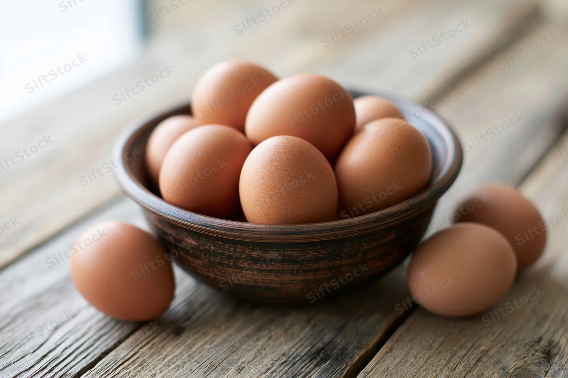 Brown chicken eggs piled in a dark clay bowl on a wooden table with two eggs beside it