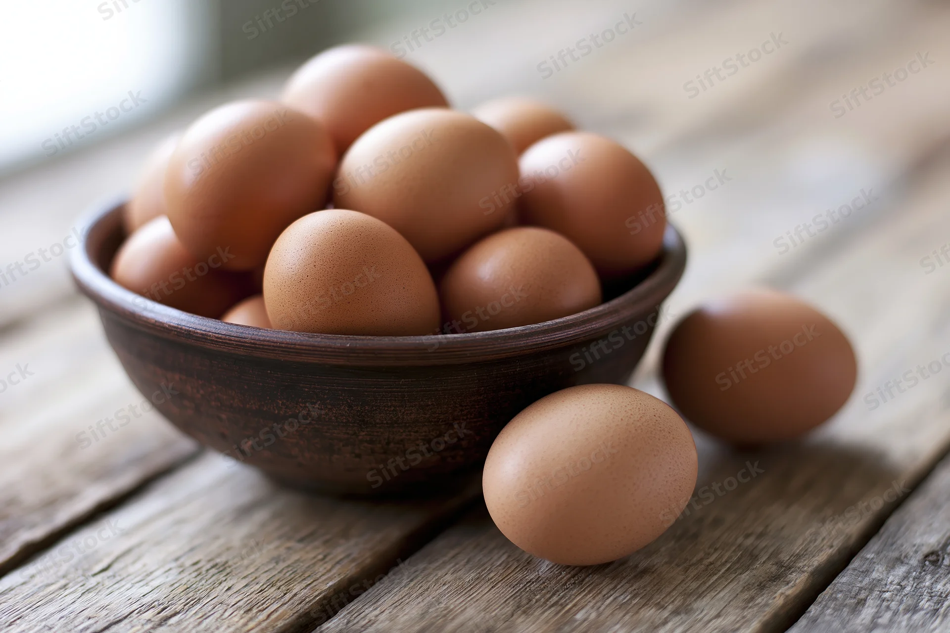 Brown chicken eggs piled in a dark clay bowl on a wooden table