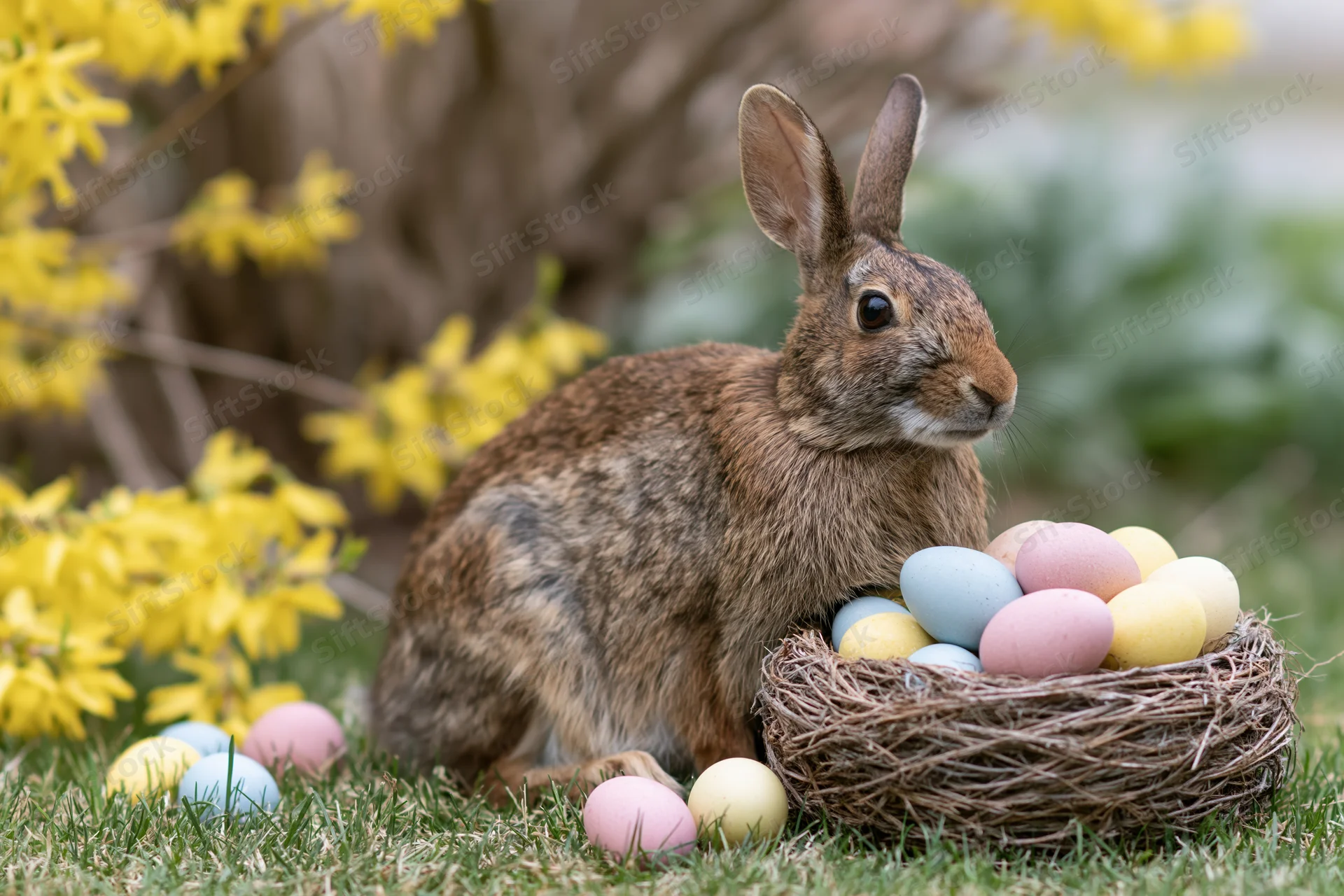 Brown wild rabbit sitting alert beside a nest of pastel Easter eggs on green grass with yellow forsythia flowers in background