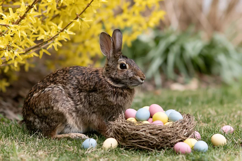 Brown wild rabbit sitting alert beside a nest of colorful Easter eggs on green grass under blooming forsythia branches