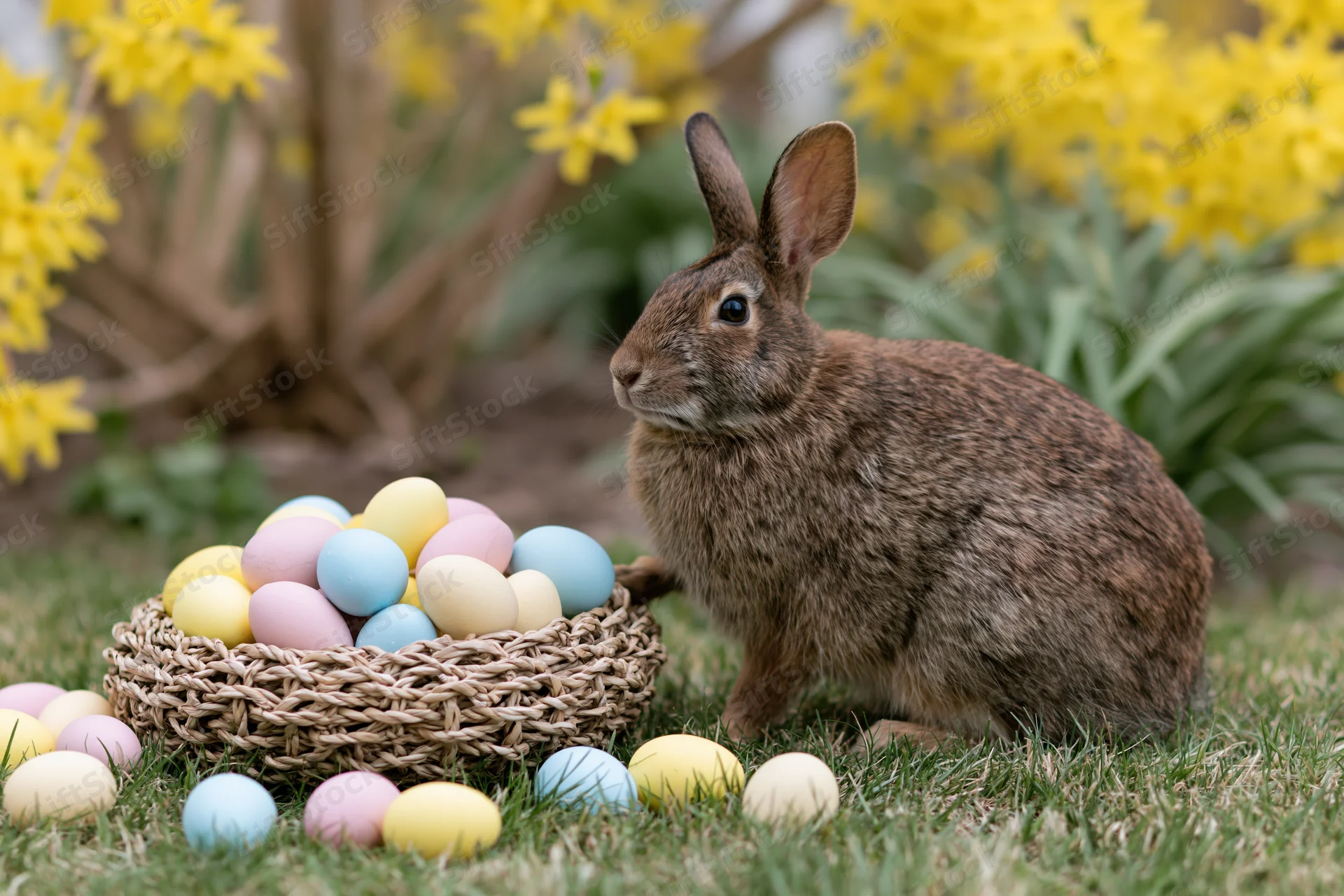Brown wild rabbit sitting alert beside a woven basket filled with pastel Easter eggs on green grass near blooming forsythia bushes