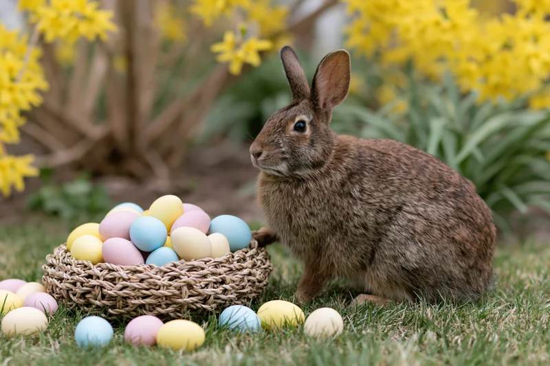 Brown wild rabbit sitting alert beside a woven basket filled with pastel Easter eggs on green grass near blooming forsythia bushes