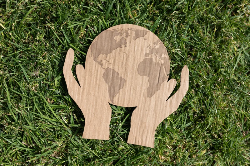 Cardboard cutout of two hands holding a globe on green grass