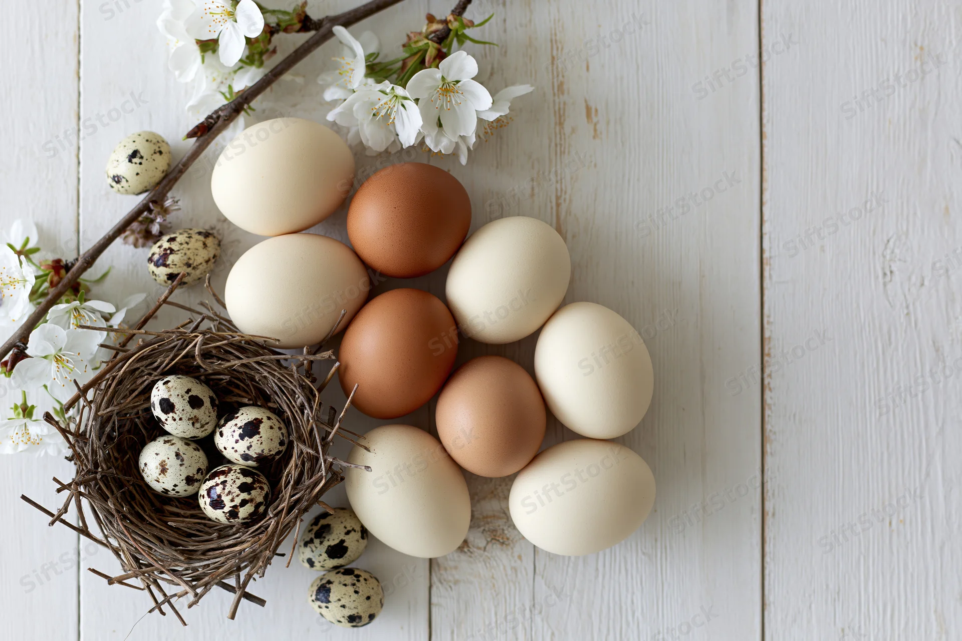 Chicken and quail eggs arranged with a twig nest and blossoming branch on a white wooden surface