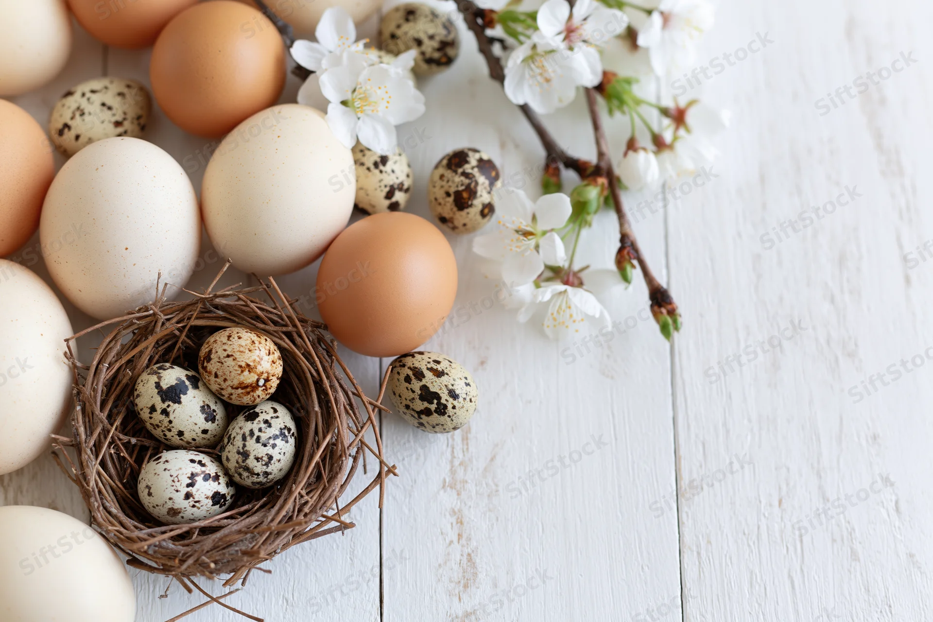 Chicken and quail eggs arranged with a nest and blossoming branch on a white wooden surface