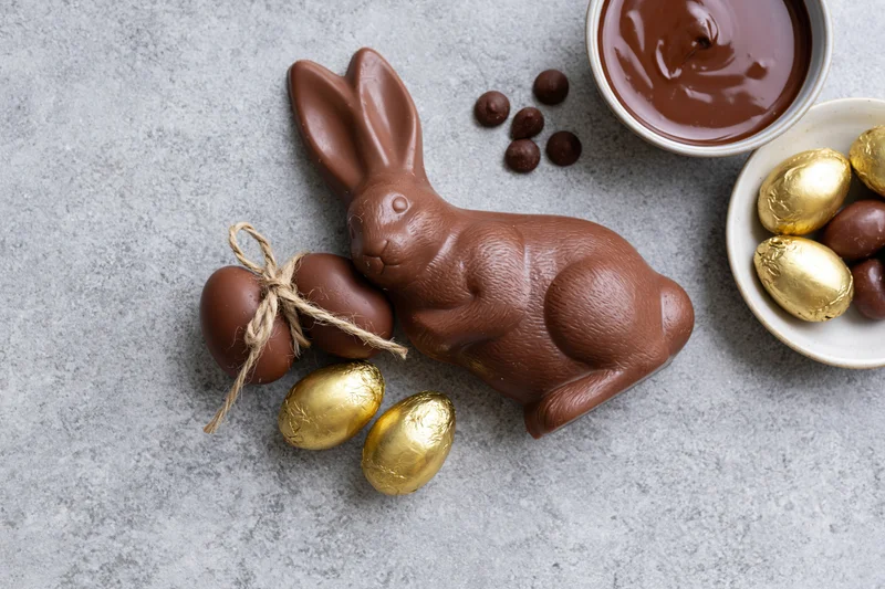 Chocolate easter bunny figurine lying on its side next to golden foil-wrapped eggs and a bowl of melted chocolate on a gray stone surface