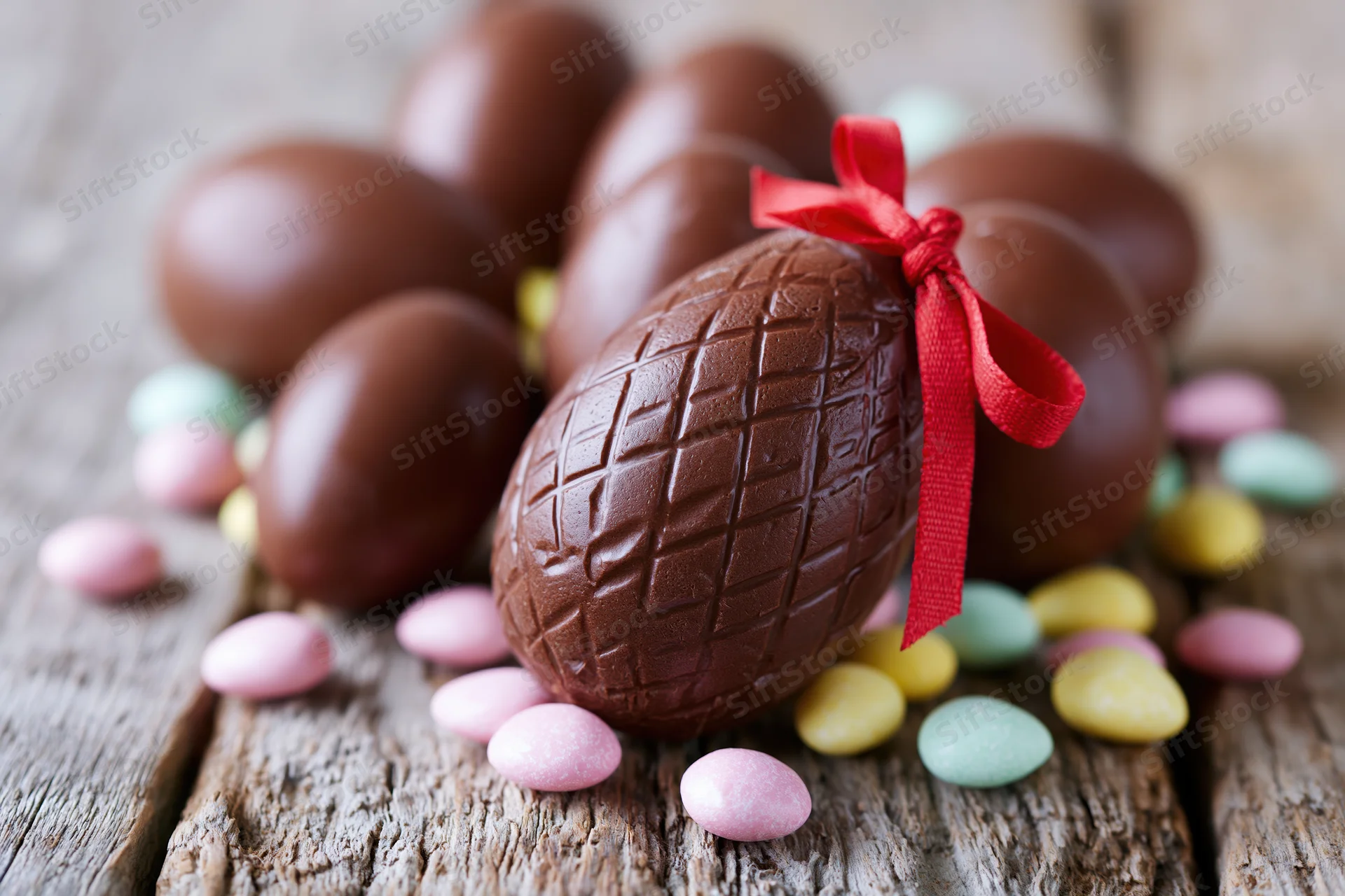 Chocolate easter eggs with red ribbon and candy scattered on rustic wooden surface