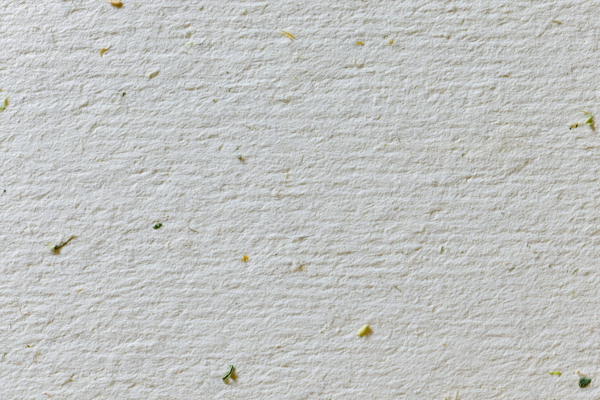 Close-up flat lay of off-white recycled paper with scattered plant fibers and specks
