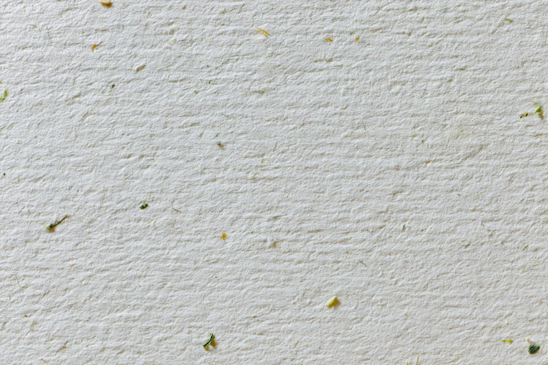 Close-up flat lay of off-white recycled paper with scattered plant fibers and specks