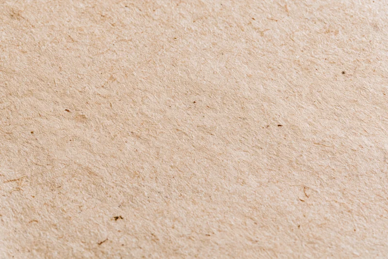 Close-up flat lay of a sheet of recycled kraft paper filling the frame with visible fibers and natural texture