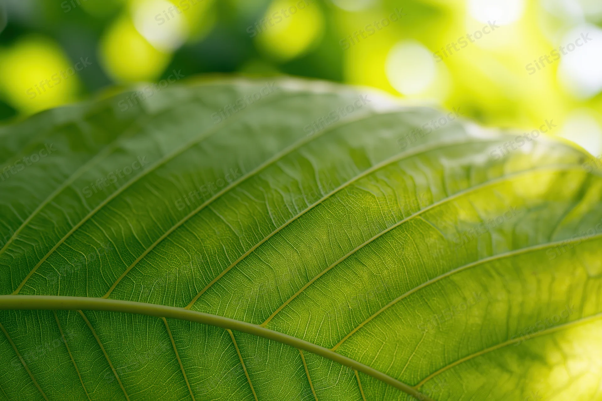 Large green leaf filling frame with visible veins and sunlight filtering through, set against blurred foliage background