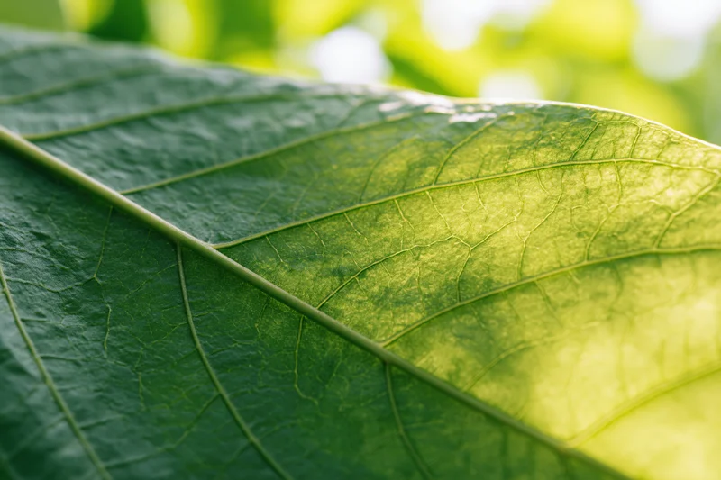Close-up of a large green leaf with visible veins and sunlight filtering through, set outdoors in a natural environment