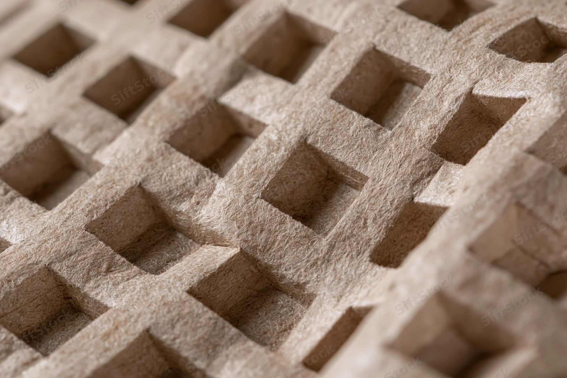 Close-up of textured kraft paper surface with square grid pattern and holes