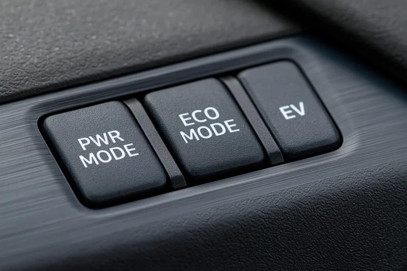 Close-up of car dashboard control panel with power mode, eco mode, and ev buttons arranged in a row
