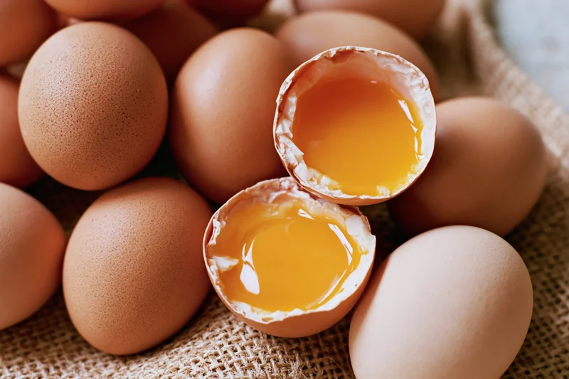 Cracked brown chicken egg split in two halves revealing yolk on burlap surface surrounded by whole eggs