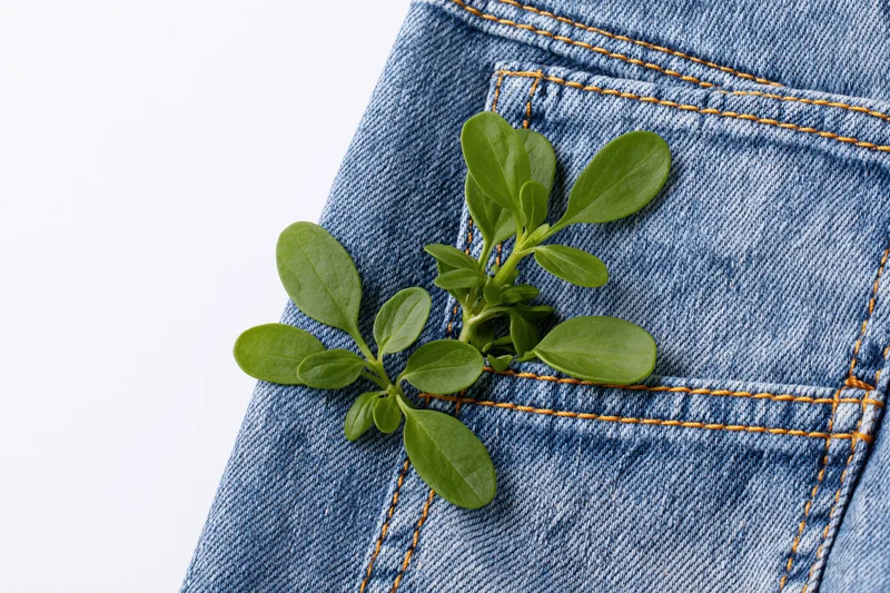 Small green herb sprig resting on denim jeans pocket with orange stitching