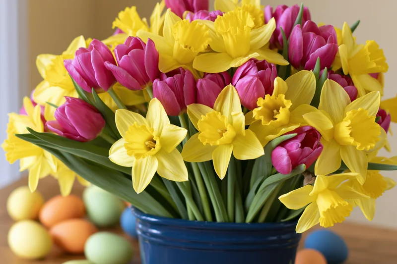 Spring flower bouquet with yellow daffodils and pink tulips in blue vase on wooden table with Easter eggs nearby
