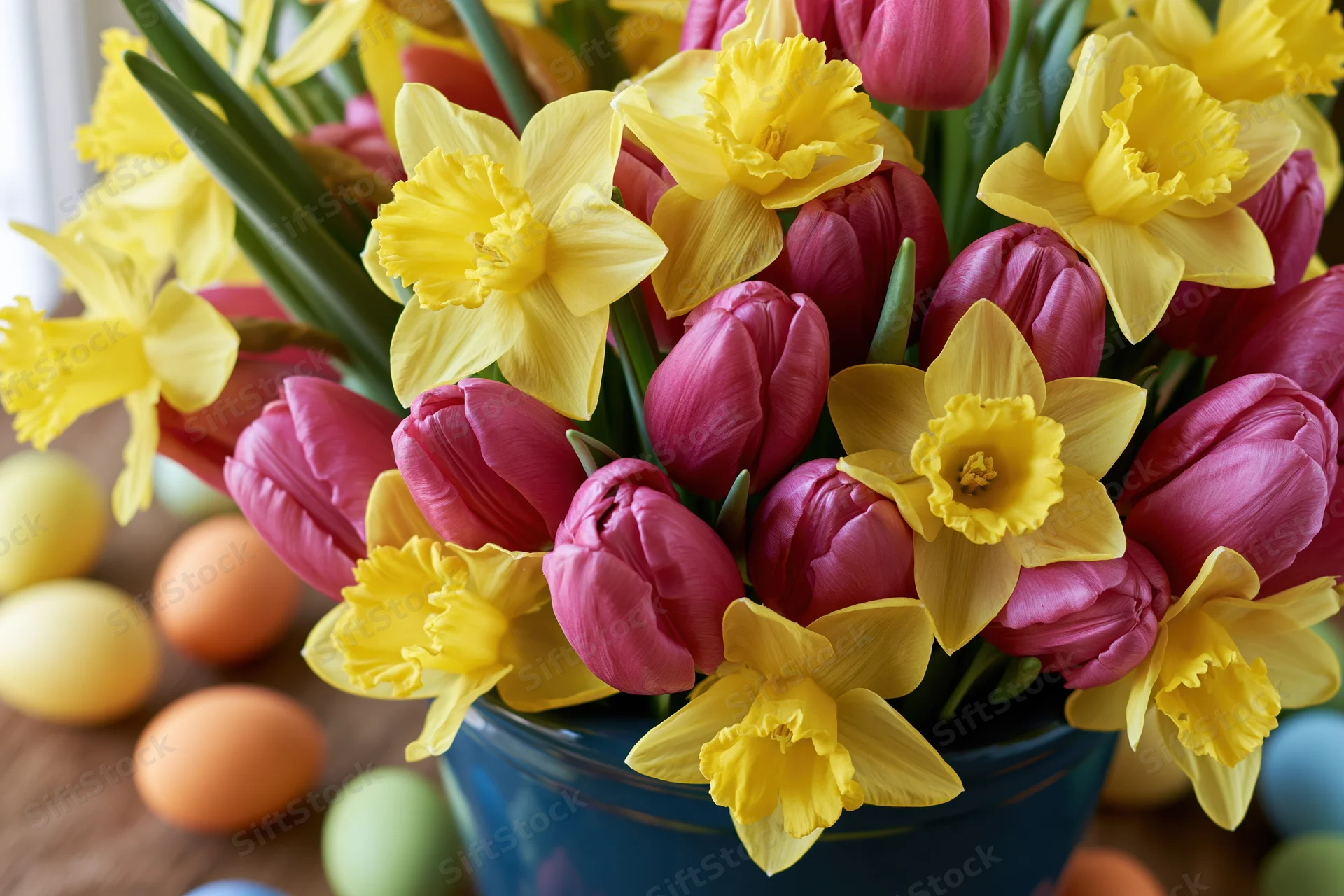 Spring flower bouquet with yellow daffodils and pink tulips in blue vase on wooden table with easter eggs nearby