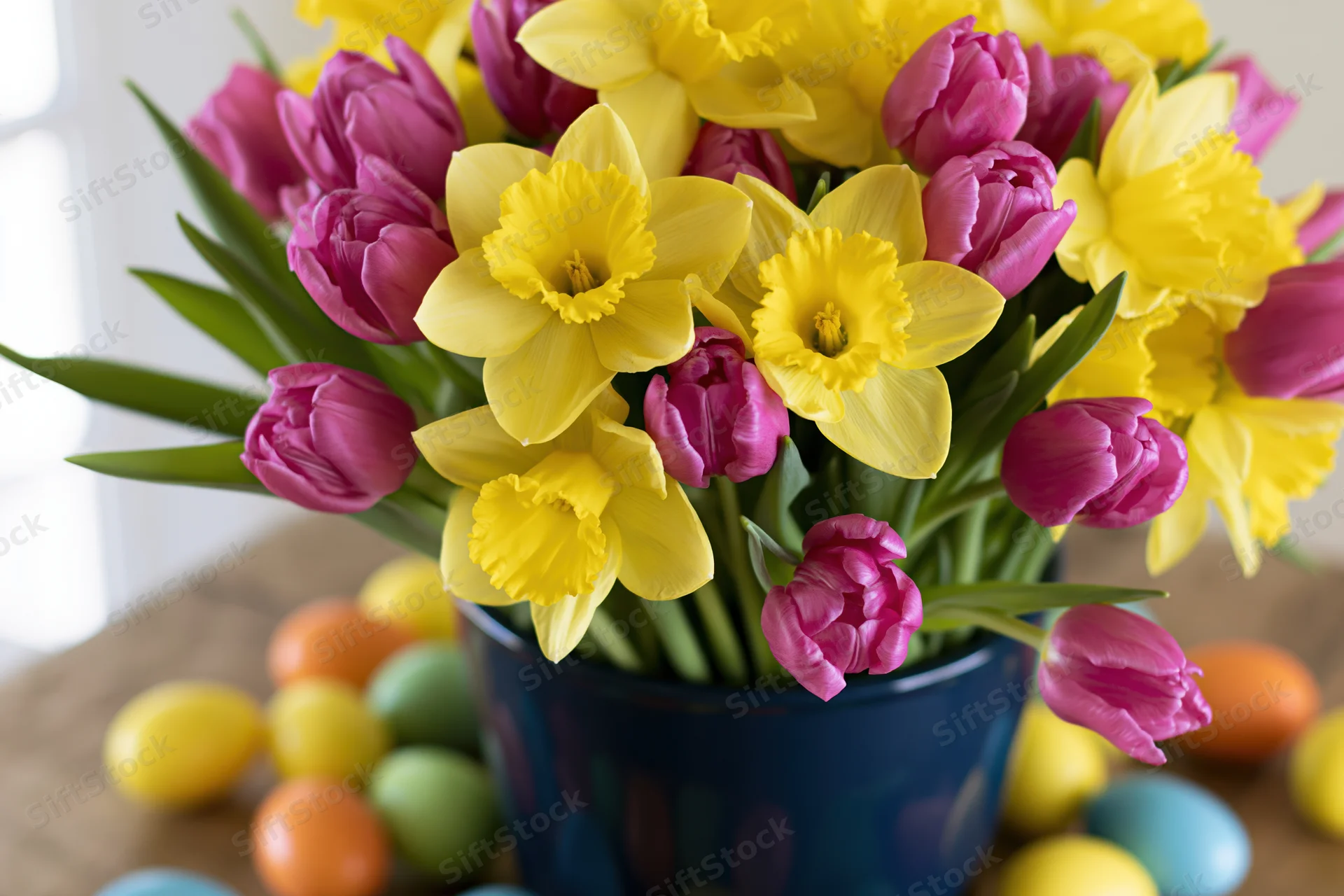 Spring flower bouquet with yellow daffodils and pink tulips in blue vase on wooden table surrounded by colorful easter eggs