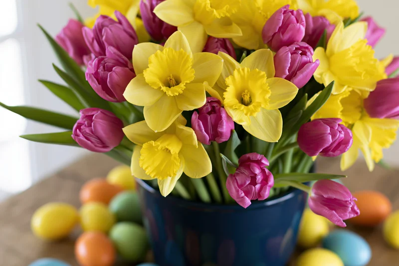 Spring flower bouquet with yellow daffodils and pink tulips in blue vase on wooden table surrounded by colorful easter eggs