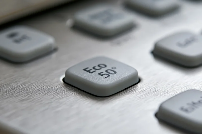 Close-up of dishwasher control panel buttons on brushed stainless steel surface