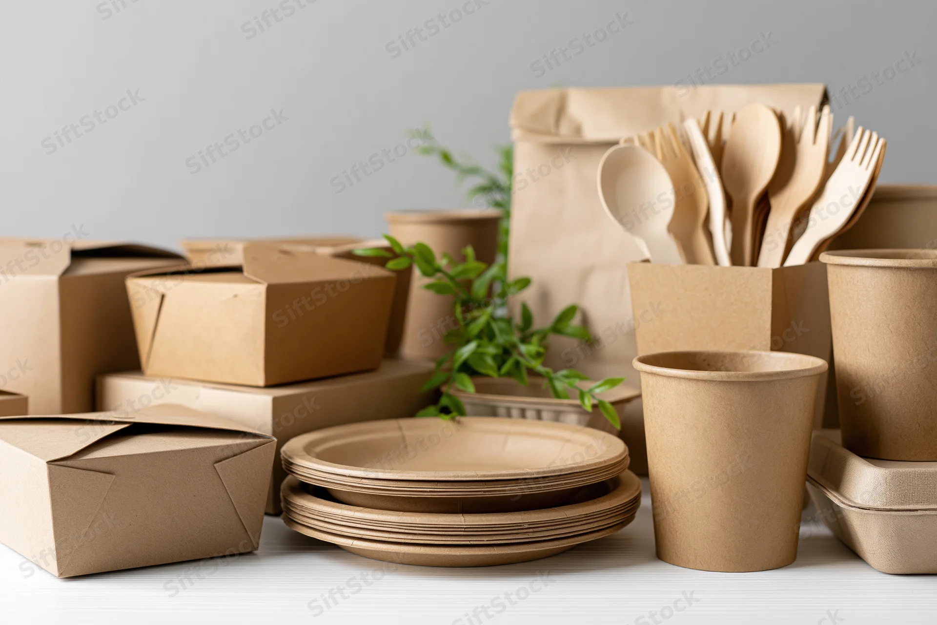 Eco-friendly kraft paper disposable packaging arranged on a white surface with green foliage accents