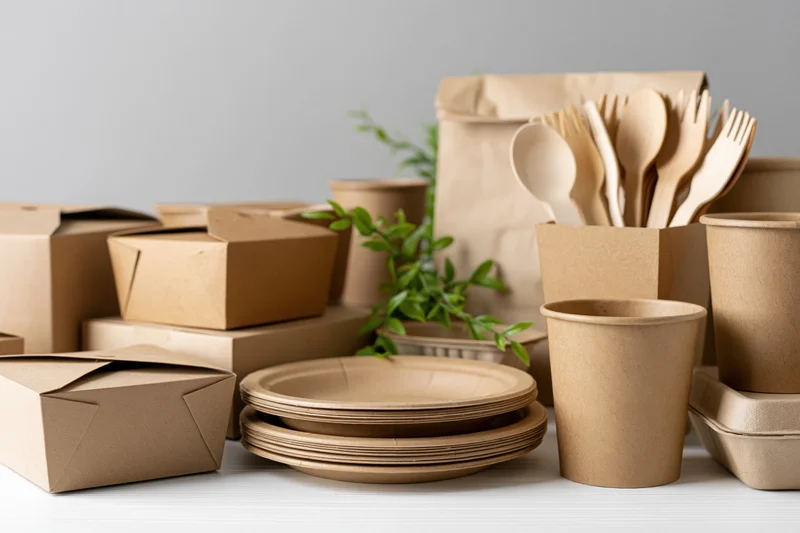 Eco-friendly kraft paper disposable packaging arranged on a white surface with green foliage accents