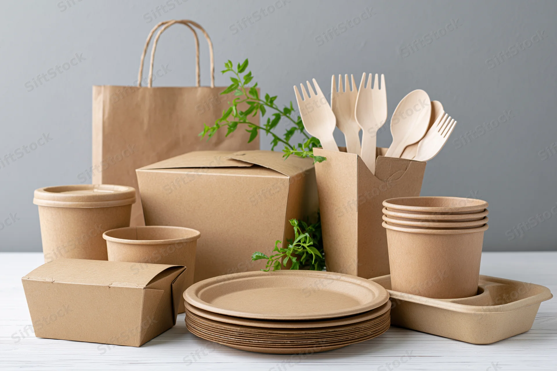 Eco-friendly kraft paper disposable packaging arranged on a white table with green plant accents