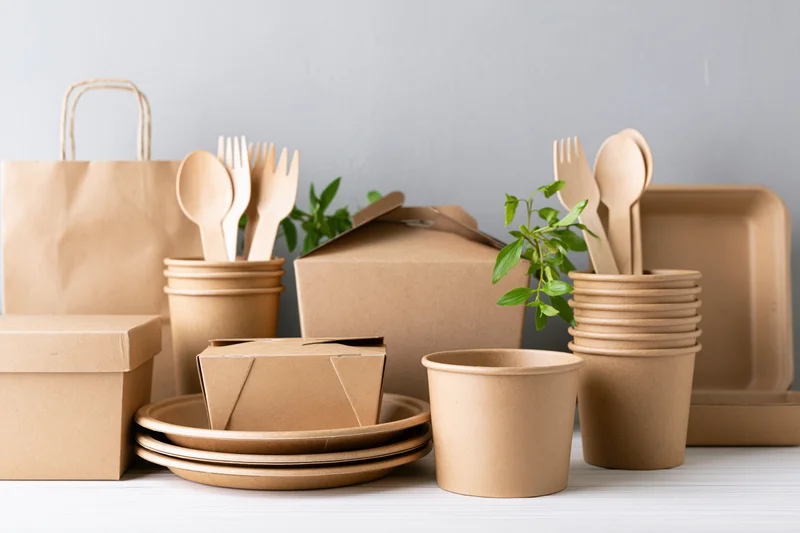 Eco-friendly kraft paper disposable packaging arranged on a white surface with green plants and wooden utensils