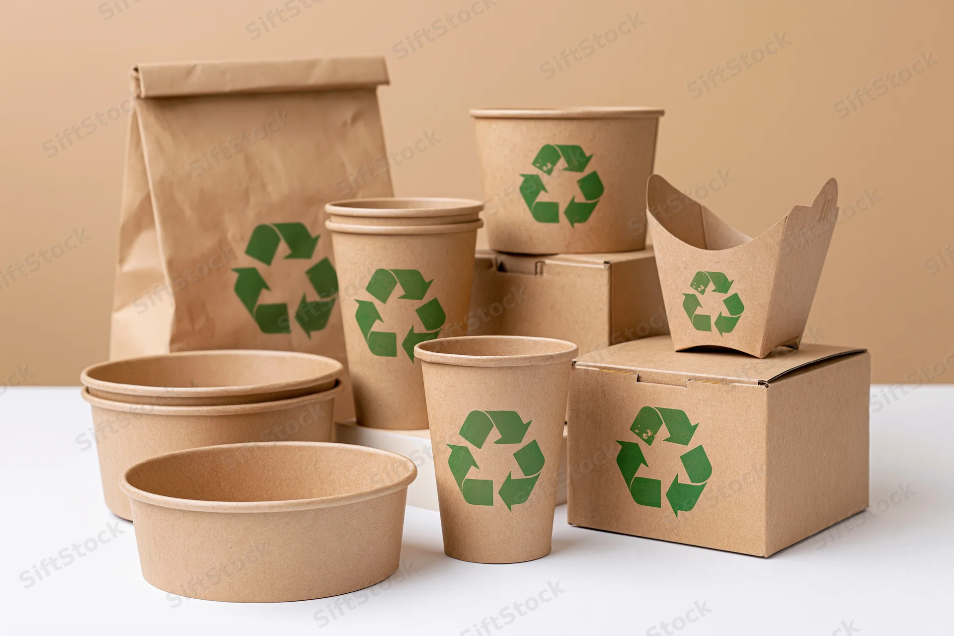 Kraft paper food packaging arranged on white surface with recycling symbols