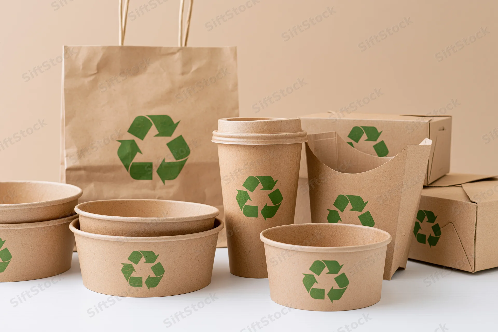 Kraft paper food packaging arranged on a white surface with green recycle symbols