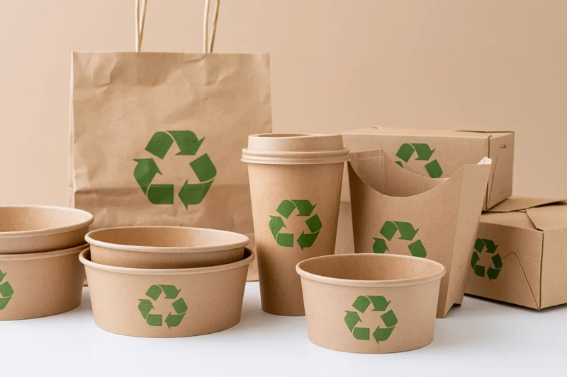 Kraft paper food packaging arranged on a white surface with green recycle symbols