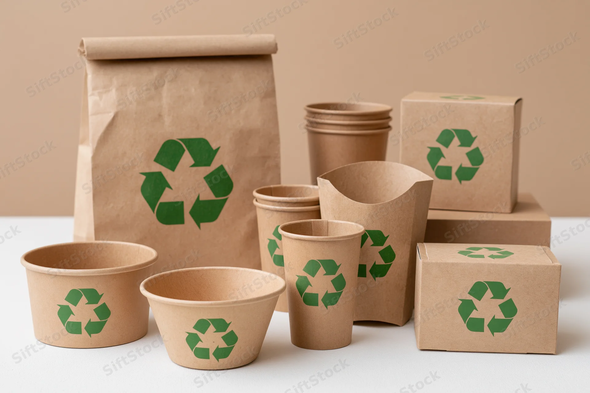 Kraft paper food packaging arranged on a white surface with green recycling symbols