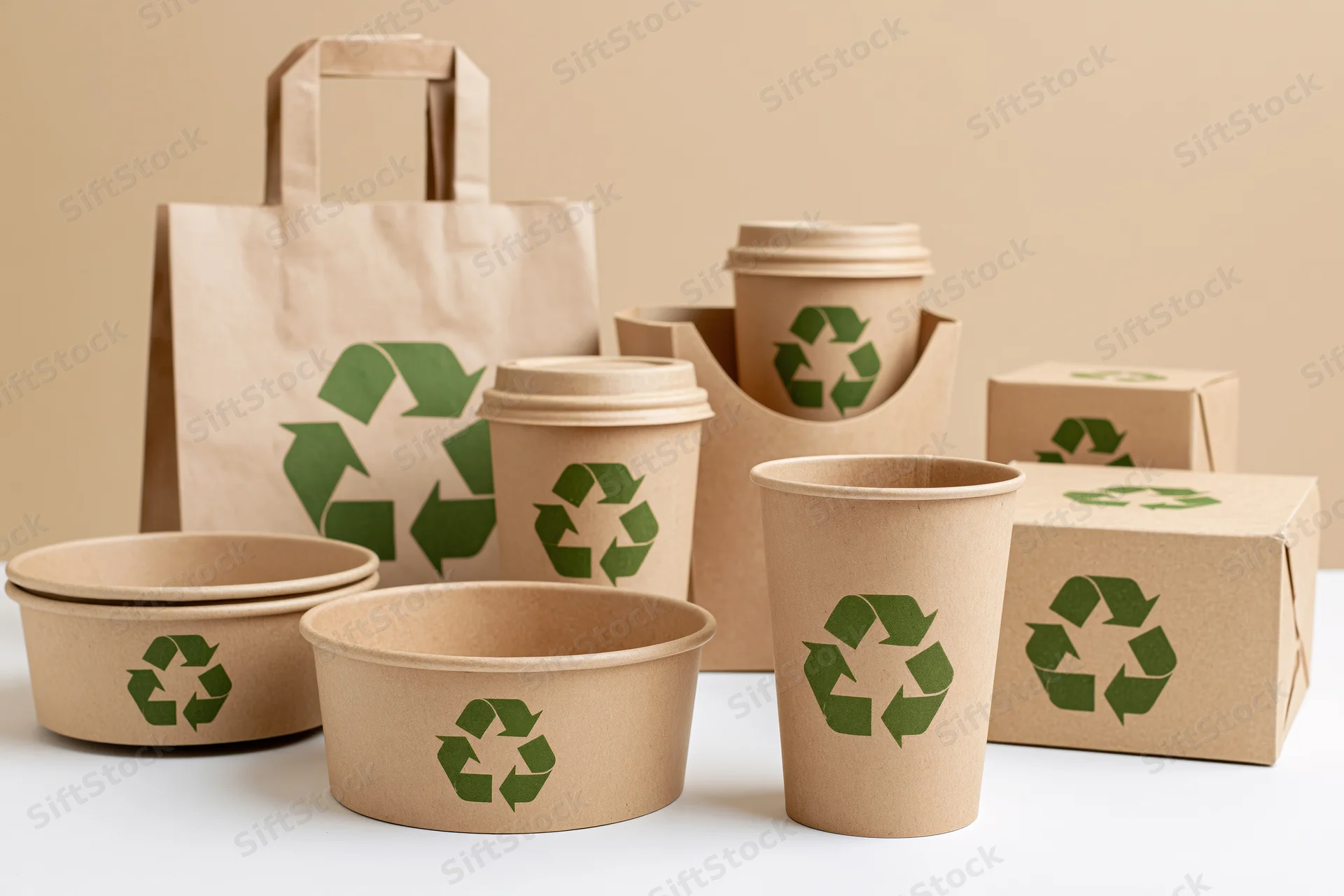 Kraft paper food packaging arranged on white surface with green recycle symbols