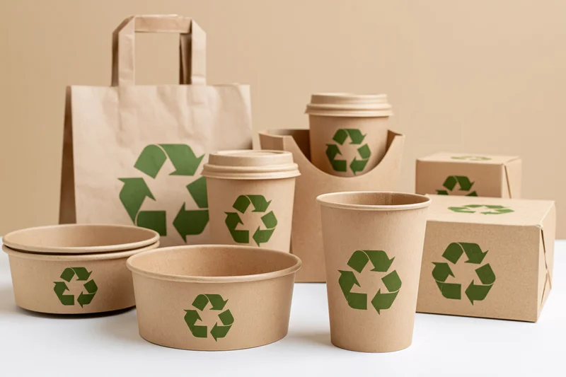 Kraft paper food packaging arranged on white surface with green recycle symbols
