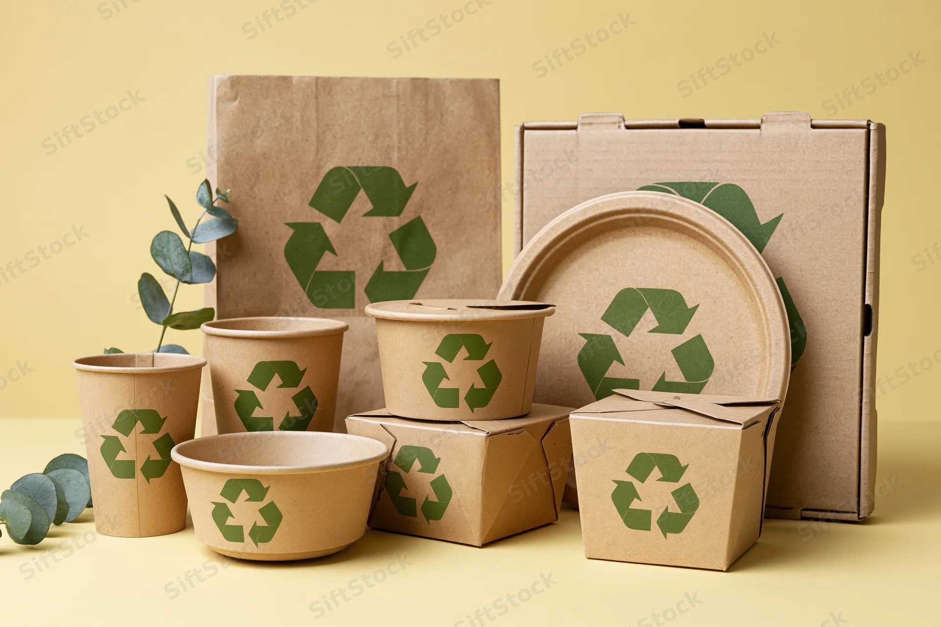 Kraft paper food packaging arranged on a yellow surface with eucalyptus leaves
