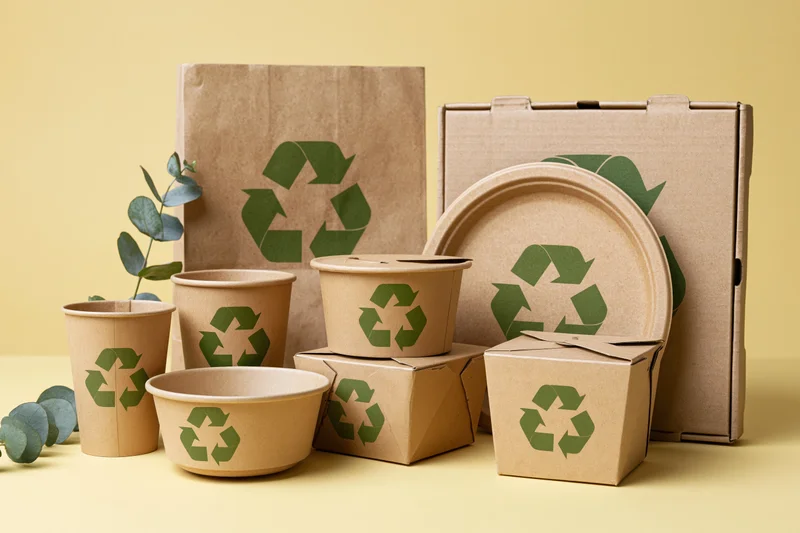 Kraft paper food packaging arranged on a yellow surface with eucalyptus leaves
