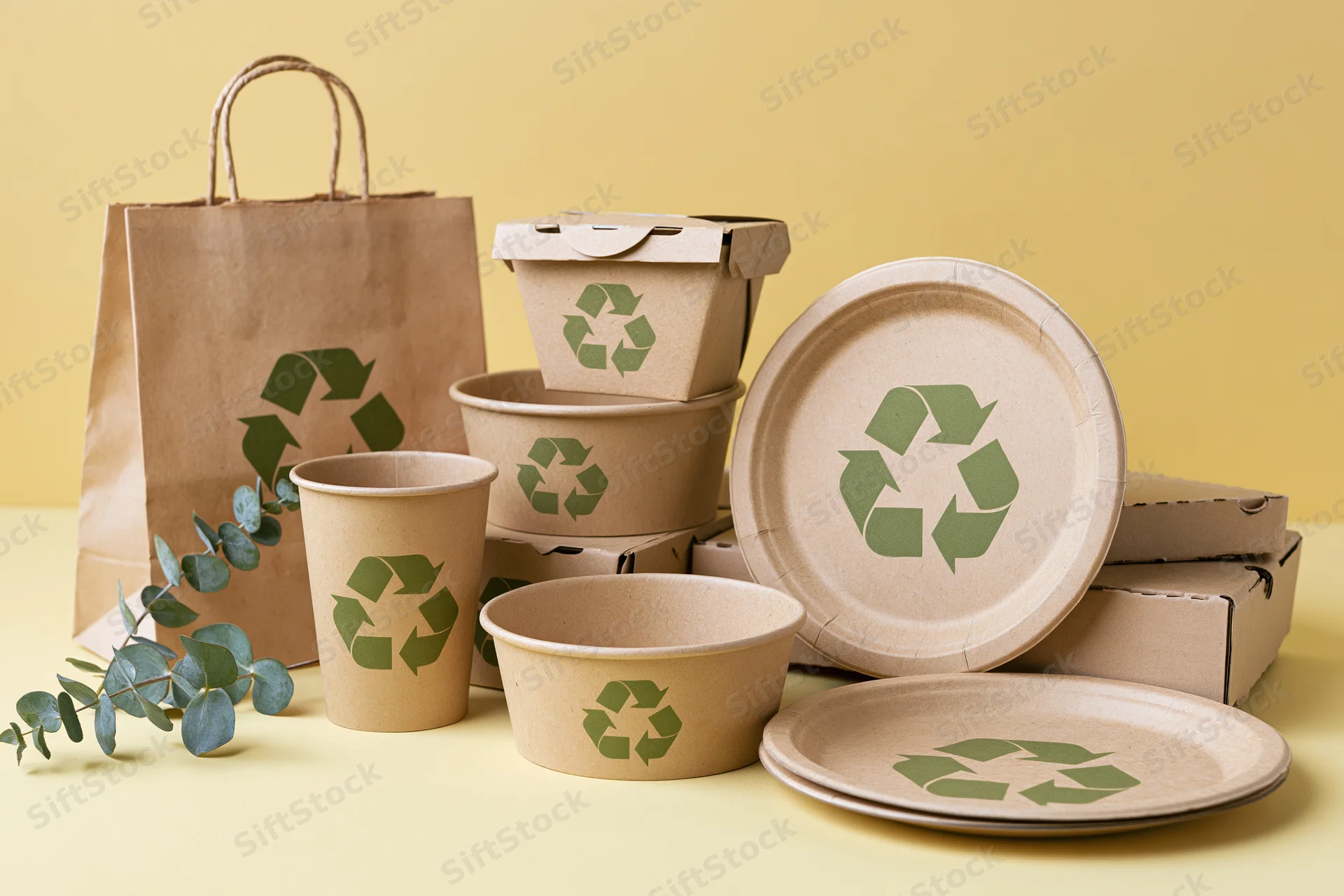 Kraft paper food packaging arranged on a yellow surface with eucalyptus leaves