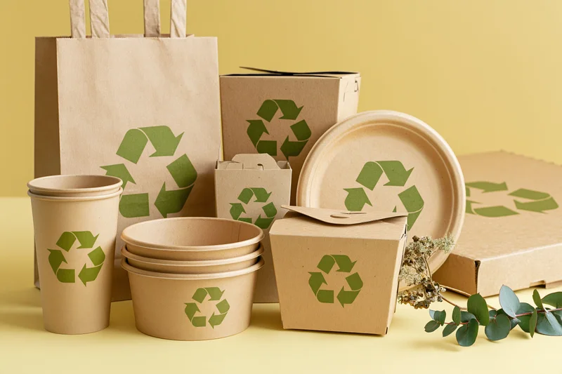 Kraft paper food packaging arranged on yellow surface with eucalyptus sprig