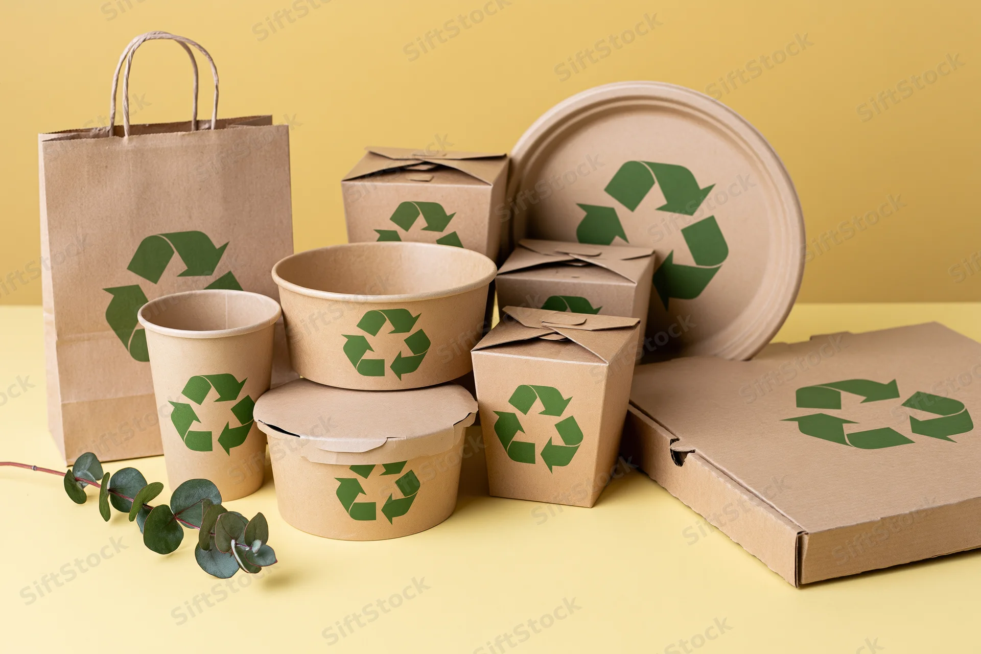 Kraft paper food packaging arranged on yellow surface with green recycling symbol and eucalyptus branch