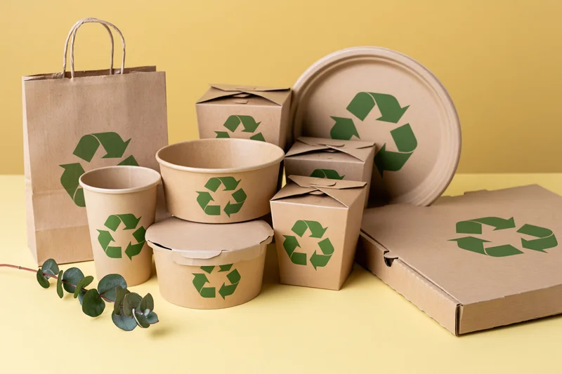 Kraft paper food packaging arranged on yellow surface with green recycling symbol and eucalyptus branch