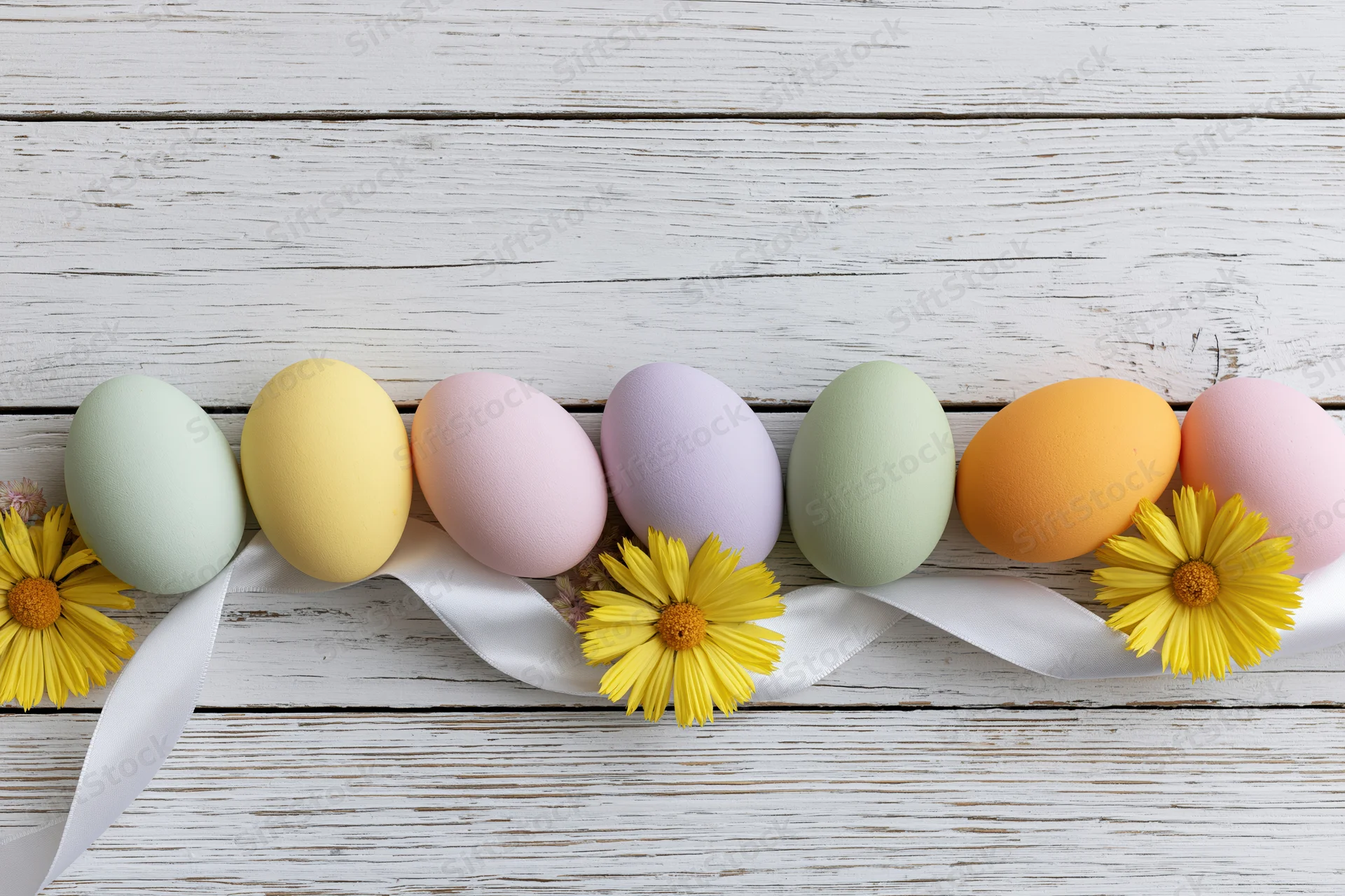 Pastel easter eggs arranged in a row on a white wooden surface with ribbon and yellow flowers