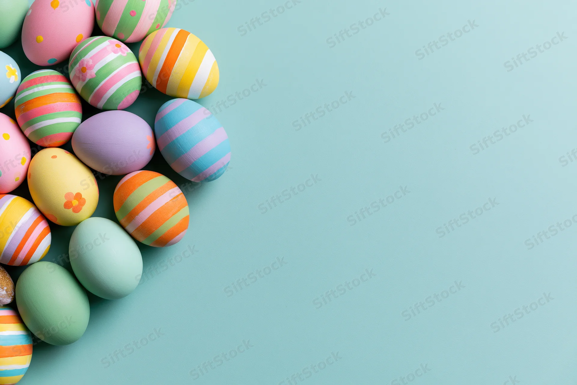 Colorful hand-painted easter eggs arranged in a loose cluster on a teal background with copyspace