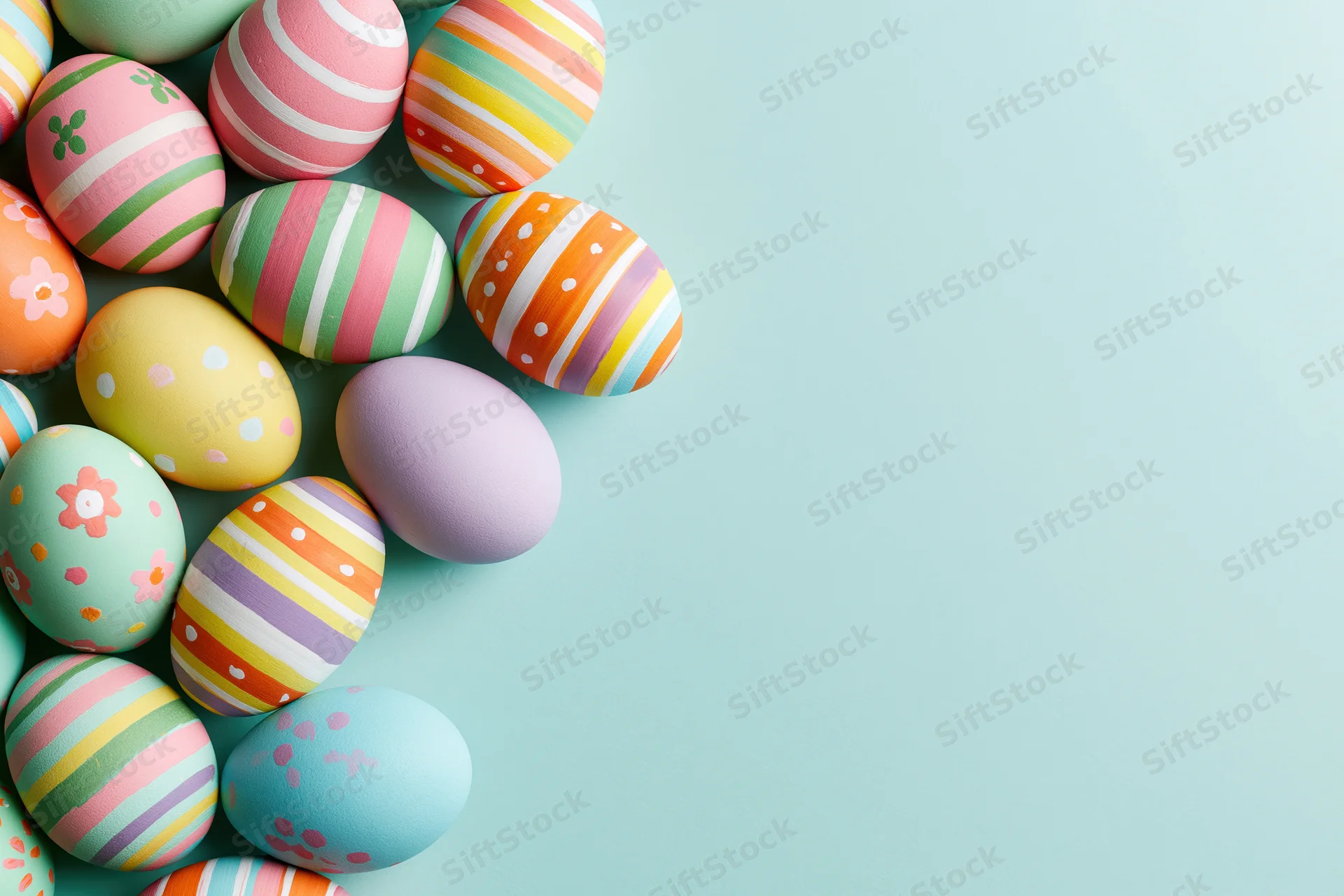 Colorful hand-painted easter eggs arranged in a loose cluster on a light blue background with copyspace